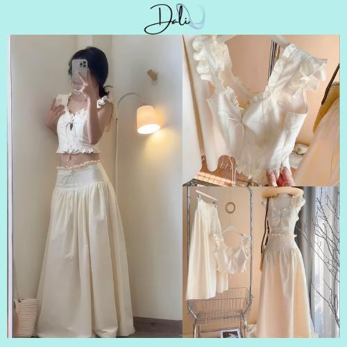Set Đi Biển Gồm Áo Croptop 2 Dây Nude Phối Viền Bèo Cột Nơ Nguc + Chân Váy Midi Dáng Dài Chất Liệu Thô