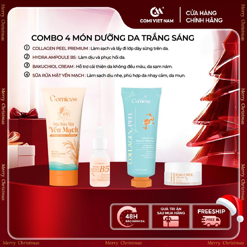 MUA 1 ĐƯỢC 4 Peel Collagen 4K 75ml - Serum B5 HA 5ml - Kem Face Huyết Yến Bakuchiol 5g - Sữa Rửa Mặt Yến Mạch 100ml . Hỗ Trợ Dưỡng Da Sáng Mịn Mờ Thâm