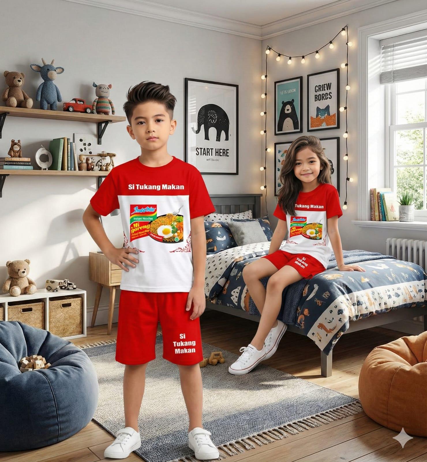 Setelan Anak Harian Viral Terbaru Limited Edition Motif Makanan Mie goreng dan gambar Minuman untuk Usia 1-10 Tahun Desain Unik Nyaman dan Senang Dipakai