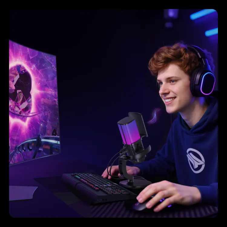 Product Introduction of UGREEN, Micro chuyên nghiệp RGB, Giảm tiếng ồn DSP, Hiệu ứng đèn RGB 96kHz/24-bit, Dành cho Game, Compatible with Windows & MacOS 10