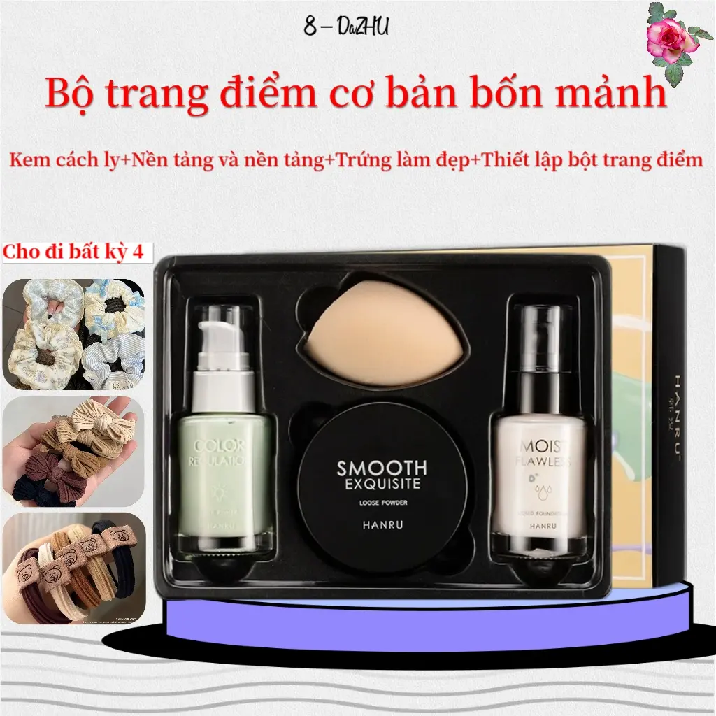 Full Box - Set Trang Điểm HANRU 4 Món Tiện Dụng, Đầy Đủ, Cơ Bản Cho Người Mới Bắt Đầu,Phấn Phủ, Bộ Bốn Món Trang Điểm Cơ Bản, Kem Lót, Kem Dưỡng Ẩm, Dưỡng Ẩm, 3 Trong 1, Bao Gồm Kem Nền, Một Mút Trang Điểm, Một Chai Kem Lót Và Một Lọ Phấn Phủ, Nữ, Son