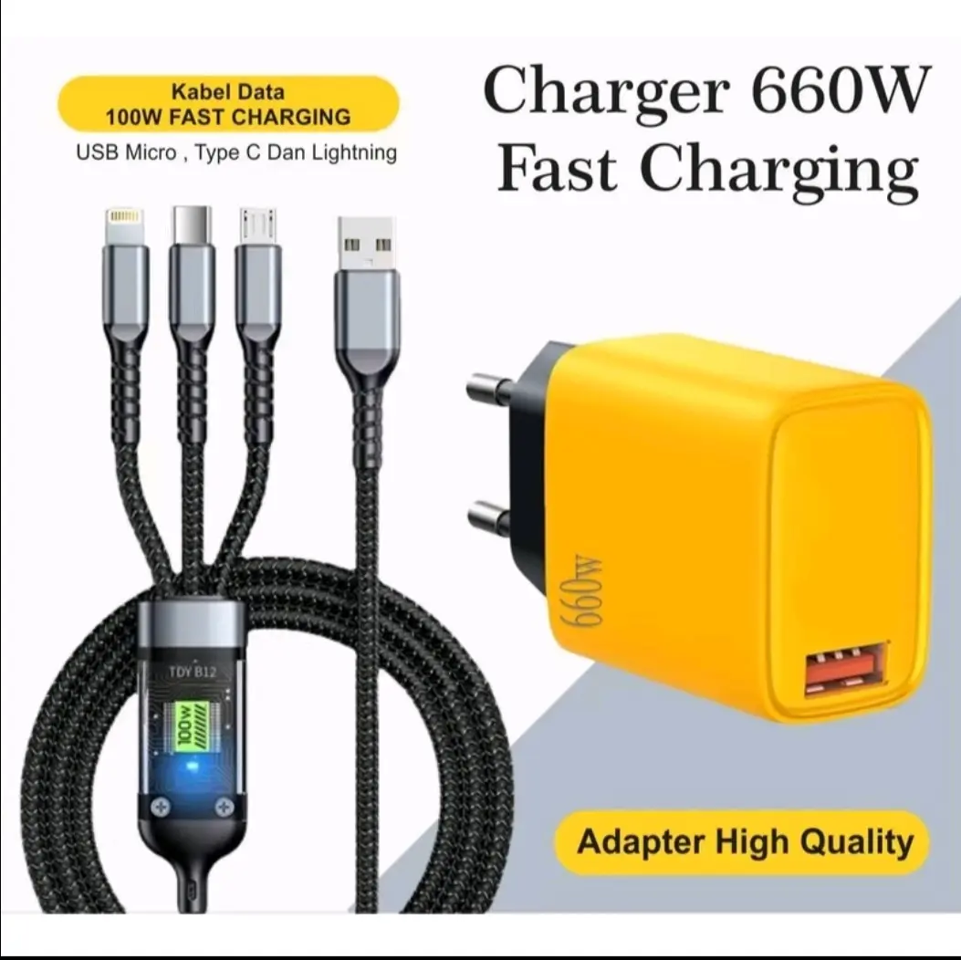 Charger 660W Batok 131 +Kabel Data 3in1 Fast  Charging 100W USB Micro, Type C, Lightning Best  Quality