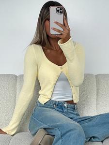 Top corto de cárdigan ajustado de color sólido para mujer, con botones y manga larga, ideal para fiestas y uso diario, ropa de abrigo para todas las estaciones.