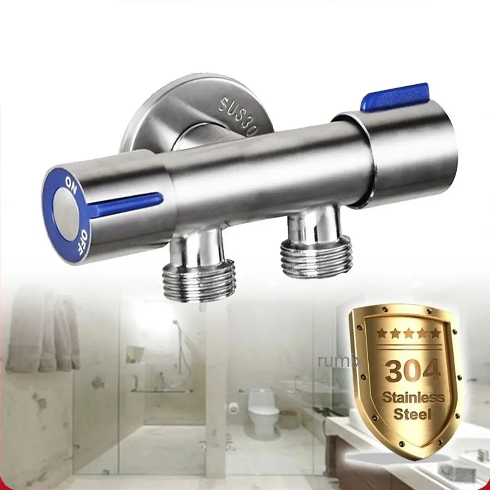 Kran Keran 2 Cabang Katup Double Stainless Sus 304 Stop Kran Shower Mandi Selang Mesin Cuci Tembok Angle Valve Air Toilet 2 Sisi