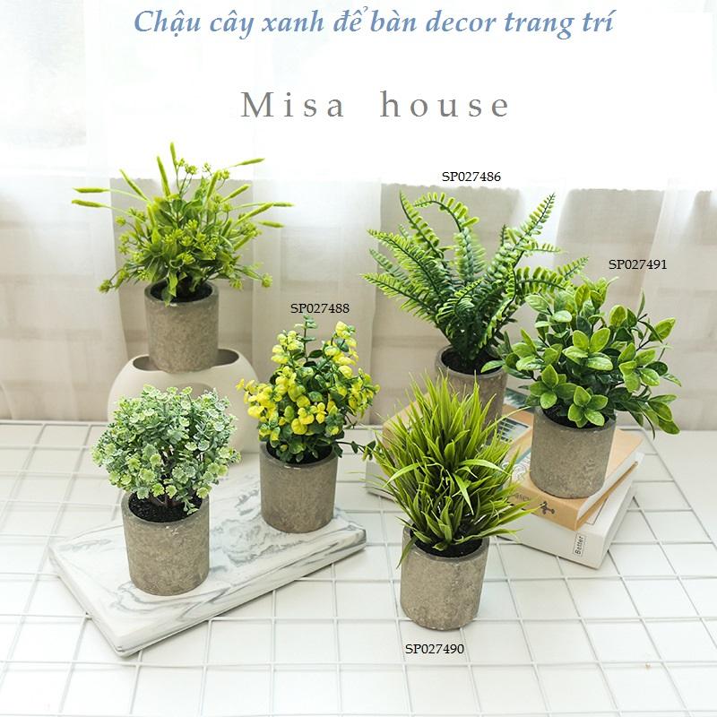 Chậu cây xanh giả để bàn mini nhỏ xám để bàn trang trí tủ kệ nhà văn phòng cửa hàng - đồ decor trang trí phòng khách phòng ngủ bàn học bàn làm việc đẹp độc đáo Misa House decor 1