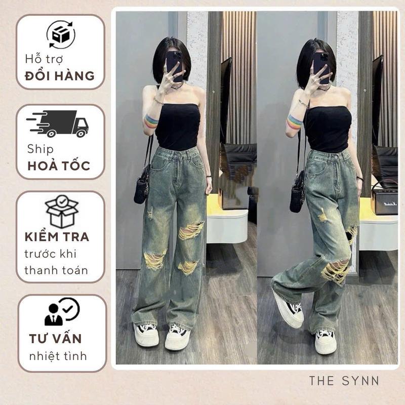 QJ17 S-XL 100-104cm - Quần Jean Nữ Ống Đứng Lưng Cao Phối Tua Rách Màu Bụi Cá Tính The Synn
