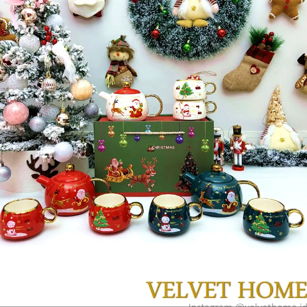 Hampers tea set natal + 2 cup cangkir gelas mug teapot teko christmas santa claus merah putih hijau ceramic fine keramik teh kopi teaucp kado hadiah gift set rusa rudolph cangkir