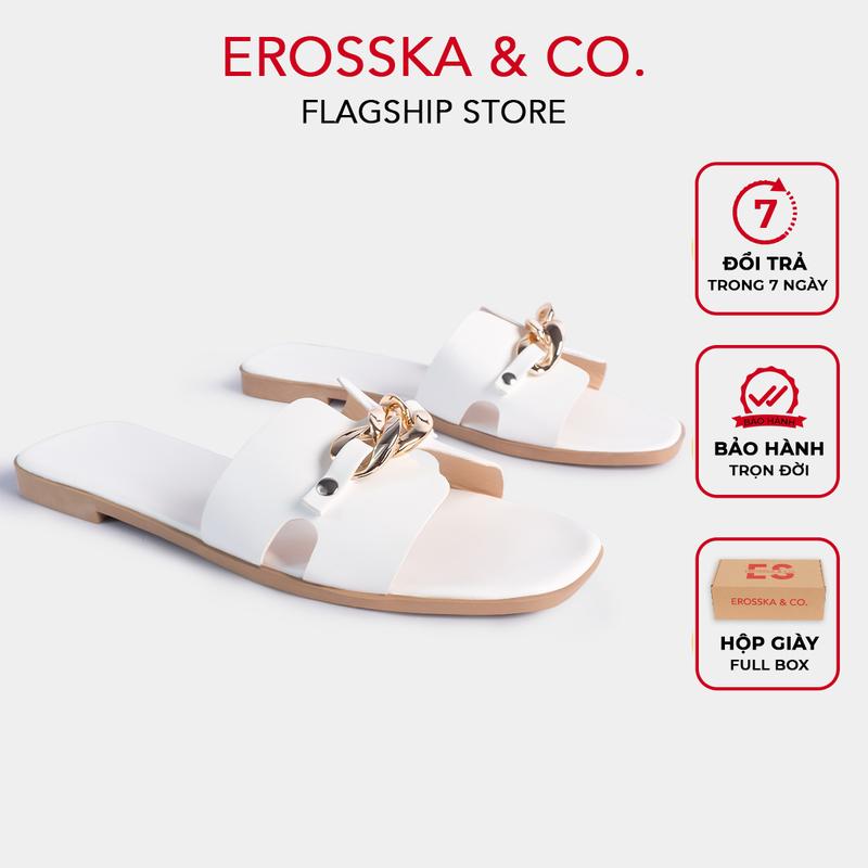 EROSSKA - Dép nữ thời trang đế bằng Erosska mũi vuông quai xích ver 2 màu trắng có hộp giày fullbox - DE042