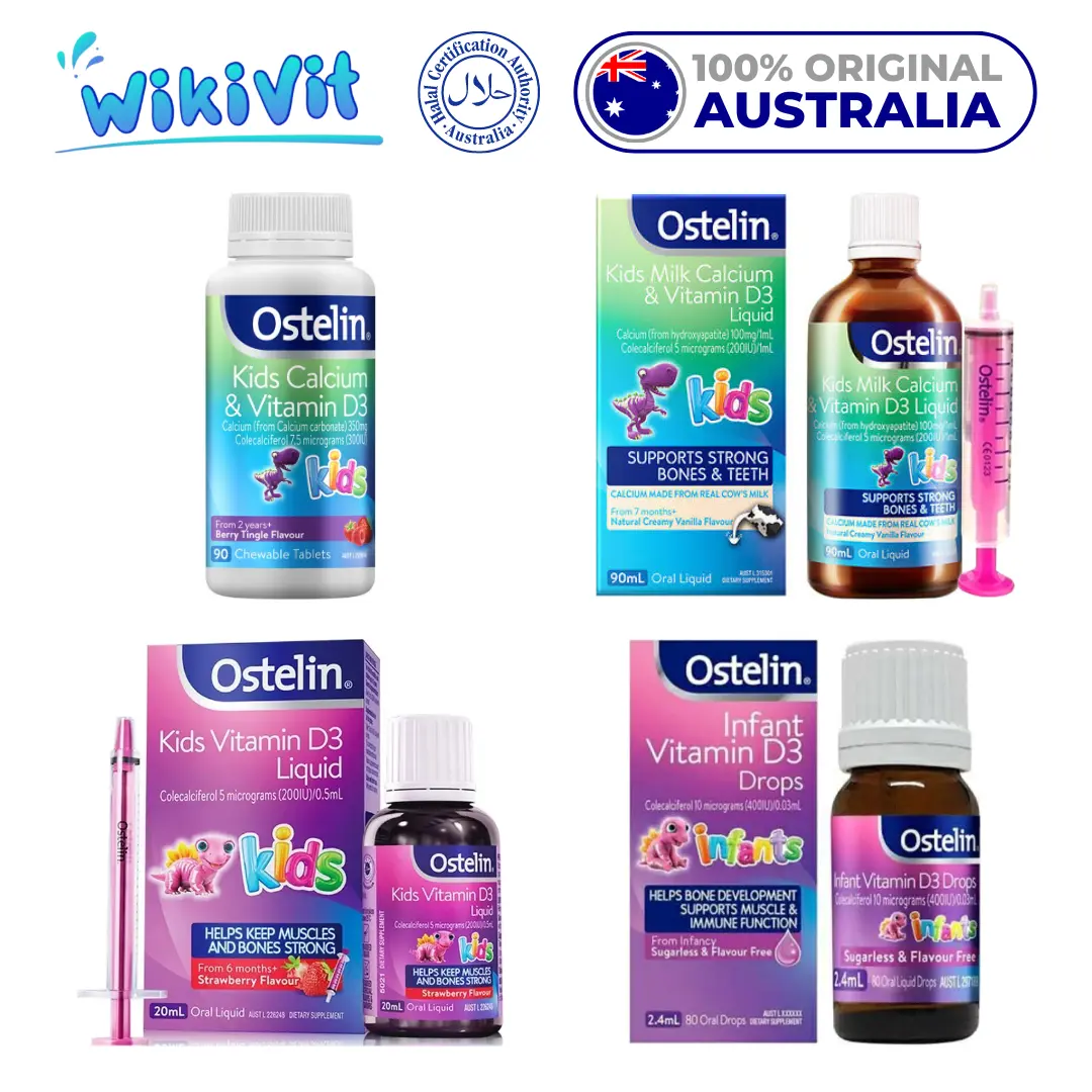 OSTELIN Kids Calcium & Vitamin D3 90 Chewable Tablets Tablet / Kid Milk Calcium & Vit D Liquid 90ml Oral Liquid Real Cow’s Cow Milk 90 ml / Liquid 20ml Anak 20 ml / Infant Vitamin D3 Drops 2.4ml 80 Oral Drops Baby Bayi 2.4 ml / AUSTRALIA HALAL CERTIFIED