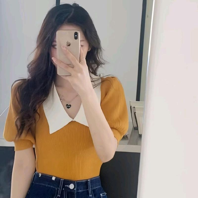 Baju Fashion Wanita Rajut Style Polos Kerah V Atasan Knit Lengan Pendek Korean 2