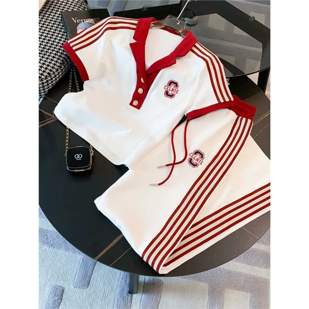 Short sleeved T-shirt with wide legs and long pants set for women's 2024 new summer fashion and age reducing two-piece set