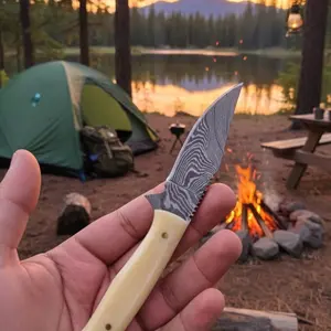 Ready Stock - Pisau Import Skinner Damascus Handmade dengan Sarung Kulit | Neck Knife | Bushcraft | Camping  Kuat, Tajam & Klasik