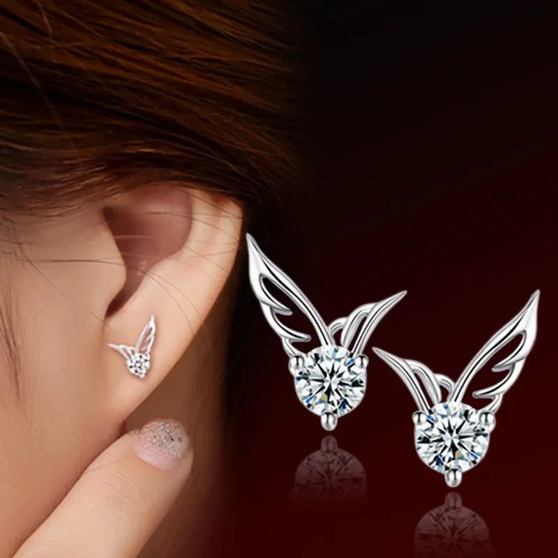 Bông Tai Đôi Đôi Cánh Thiên Thần, Thời Trang Hàn Quốc, Đồ Trang Sức Bạc, Thiết Kế Dễ Thương Và Đơn Giản, Đinh Tán Pha Lê, Dành Cho Nữ, Tuyệt Vời Làm Quà Tặng