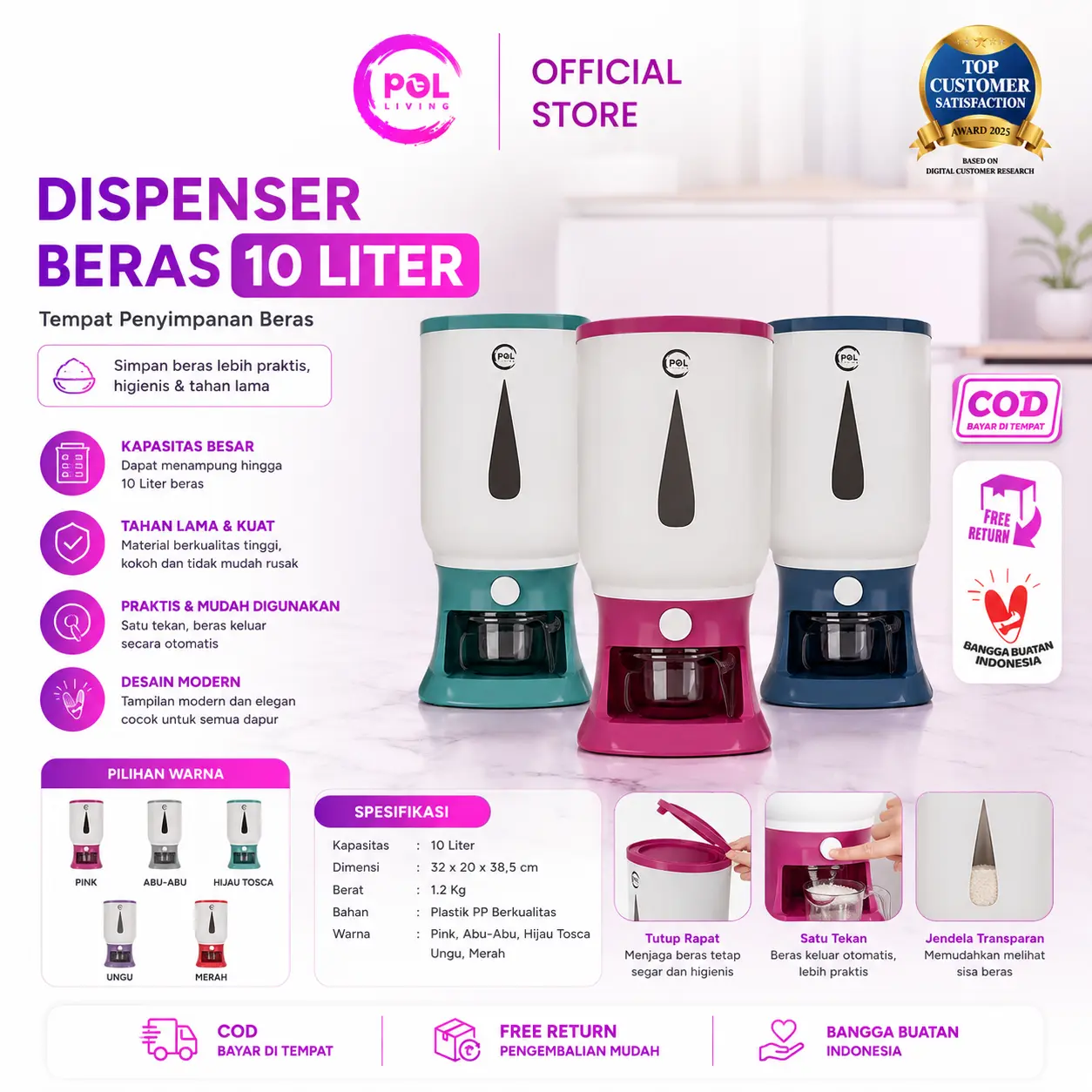 [POL] COD Dispenser Beras Modern 10L | Tempat Penyimpanan Beras Dengan Wadah Pengering | Rice Box Food Grade |  Dispenser Biru Hijau Merah