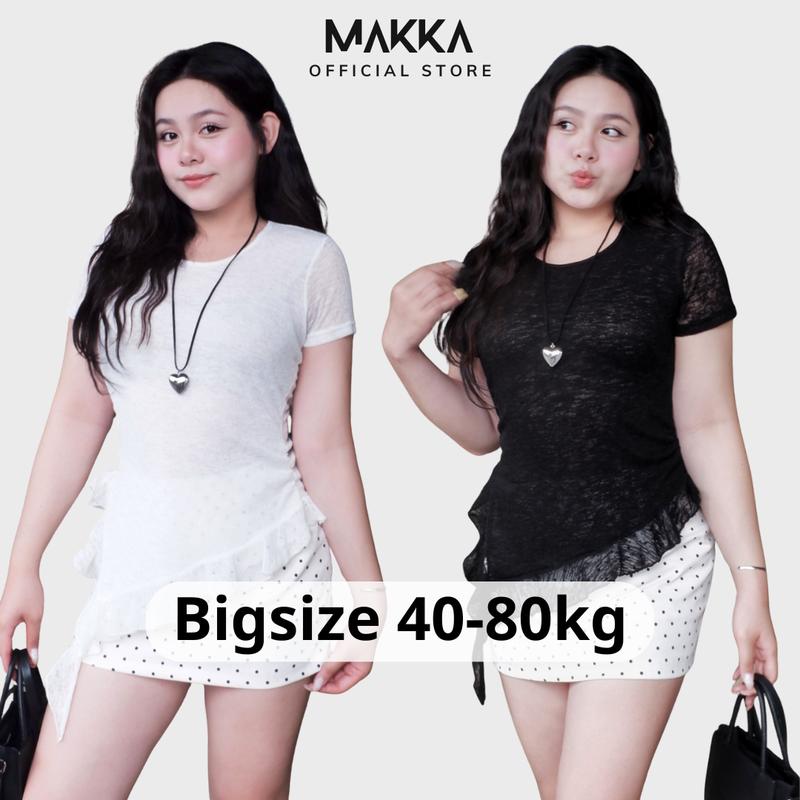 MAKKA Áo thun nữ bigsize 40-80kg thiết kế MAKKA cộc tay nhún eo vạt chéo phối bèo mềm mại tôn dáng 3018 chất liệu thun mắt nai co giãn mát mẻ phù hợp đi chơi hẹn hò du lịch hoặc đi làm