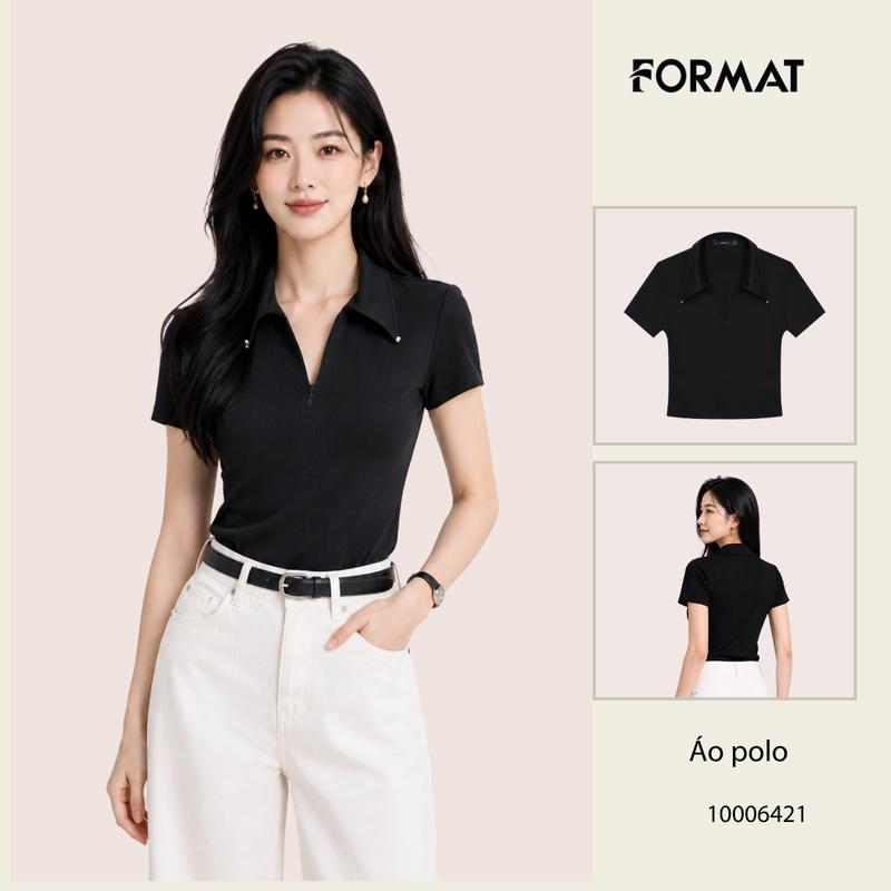 Áo Thun Nữ FORMAT 10006421 Đính Cúc Trang Trí Cổ Bẻ Tay Ngắn Dáng Ôm – Màu Đen