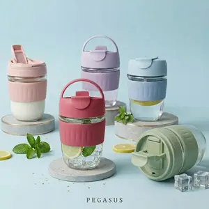 MG03 Gelas Kaca Tumbler Grip Aesthetic Botol Mini Kaca Aesthetic 2 Cara Minum Sedotan Handel