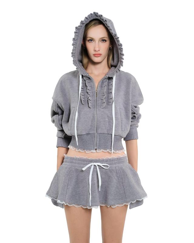 LSOUL - Polina Set Áo Hoodie Viền Bèo Khóa Zip Chân Váy Chữ A Ngắn Phối Ren Xám Women A24112786 CV24110703 Top Thun