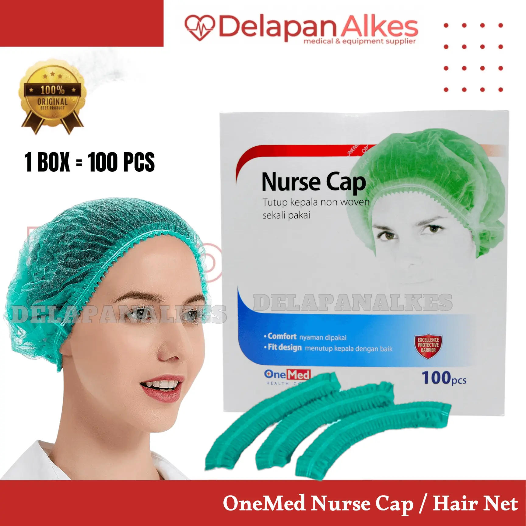 OneMed / OneHealth Nurse Cap isi 100 Pcs Hair Net Hijau Medis Penutup Kepala Non Woven