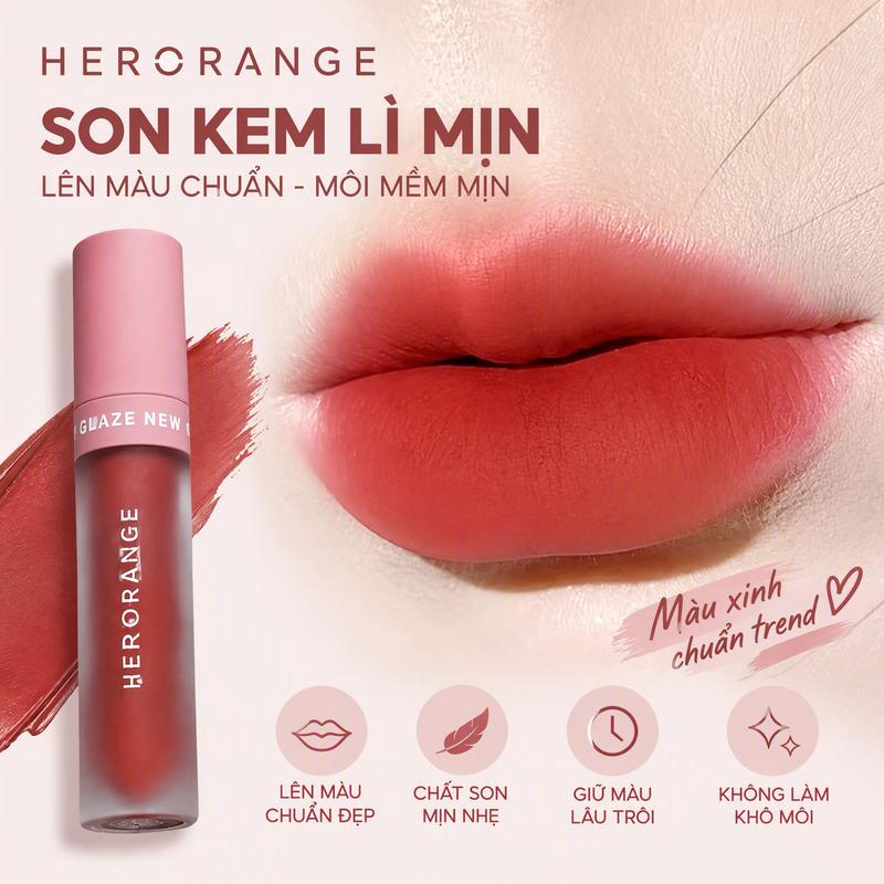 Son môi HERORANGE Son Kem Lì, Màu Lên Chuẩn Từ Lần Đầu, Mềm Mịn Môi Không Khô, 6 Màu Nâu Đất Hot Trend
