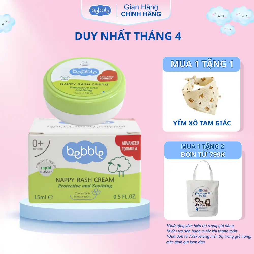 [NKD] Kem hăm tã Bebble Nappy Rash Cream size 15ml, dịu da tức thì, làm dịu vết côn trùng đốt, dùng cho bé từ 0 tháng tuổi