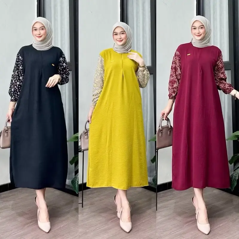 Paket Daster 3 Pcs  Gamis Crinkle Airflow Ld 120 Pb 130 Kombinasi Lengan Motif 5