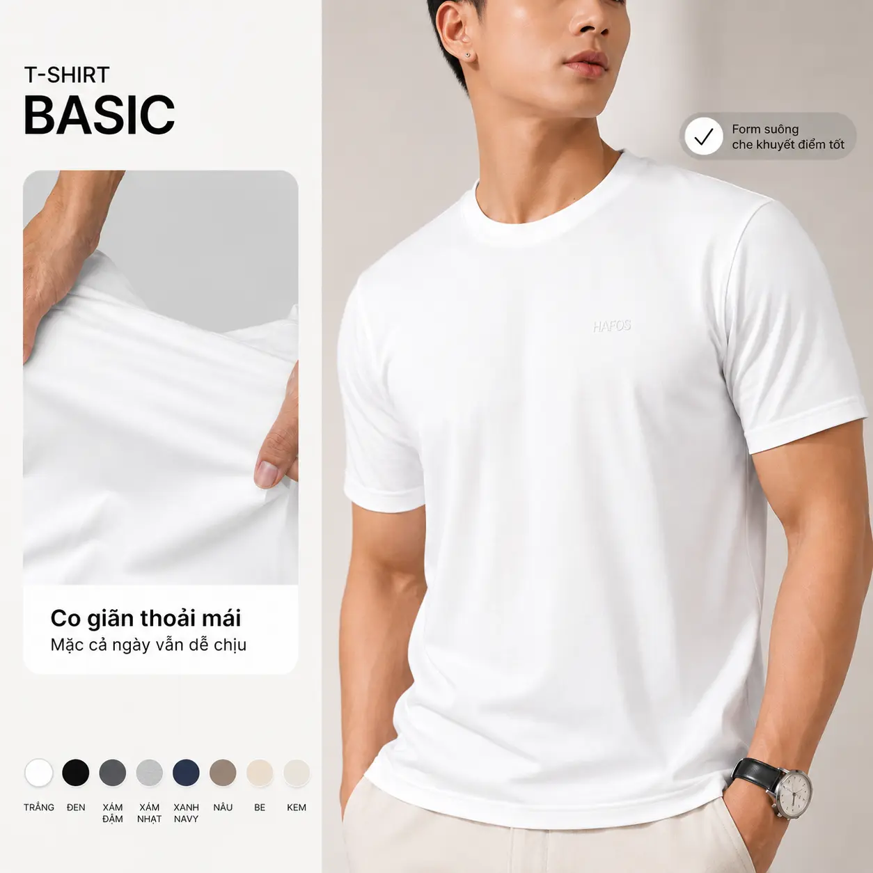 Áo Thun trơn Nam hafos thun Cotton Spandex 4 chiều co giãn, ít nhăn. Áo Phông vải mềm mịn, mát lạnh, Thấm Hút Mồ Hôi, Form Regular Fit Hạn Chế Nhăn mặc đi chơi, hàng ngày