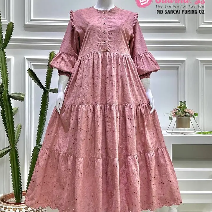 Midi Dress Salvina.ys ORI motif Bordir bolong bunga