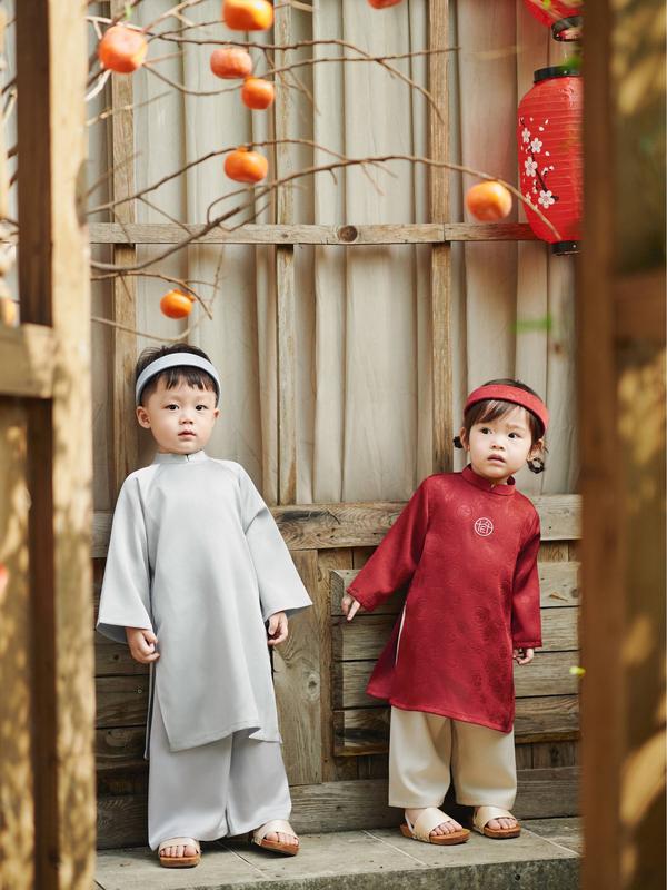AD12.1 Áo Dài Kèm Mấn Thêu Chữ Tết Không Kèm Túi Lì Xì Thời Trang Cho Bé Trai Bé Gái Obebi Từ 8- 23kg