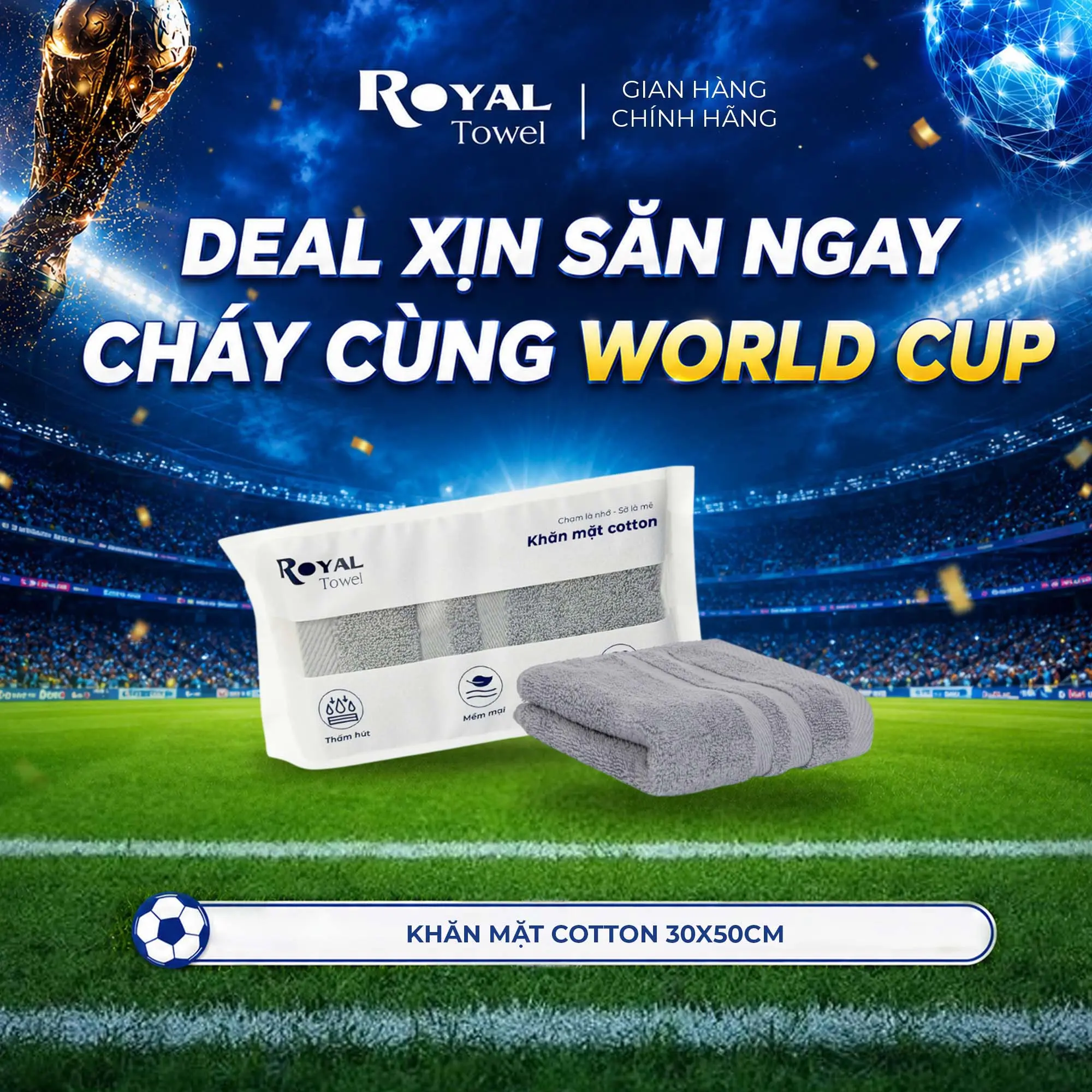 Khăn Mặt Royal Towel 30x50cm Sợi Cotton Mềm Mịn, Thấm Hút Tốt, Không Xổ Lông, Không Phai Màu