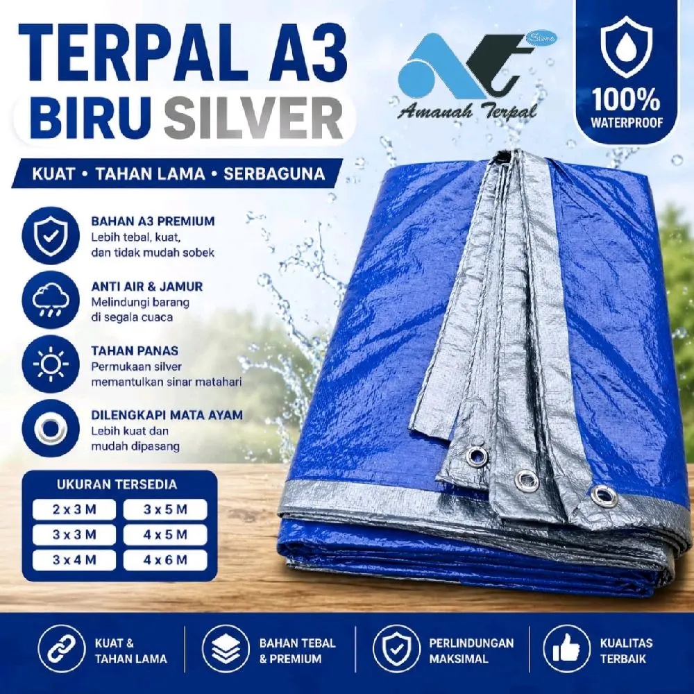 Terpal plastik A3 premium ukuran 2×2 2×3 3×3 3×4 3×5 waterproof anti air kuat terpasang ring mata ayam