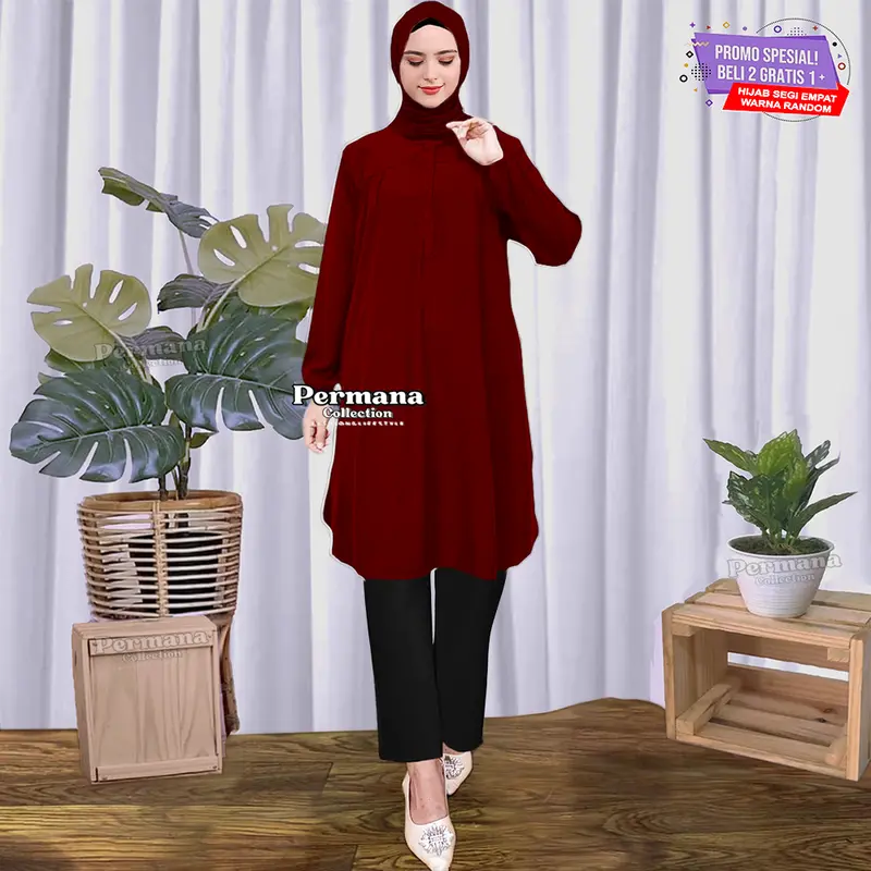 Baju Tunik Atasan Wanita Jumbo Size Lengan Panjang Dewasa Kantong Muslim Rayon Katun Nyaman Remaja Oversize kemeja Kancing 2