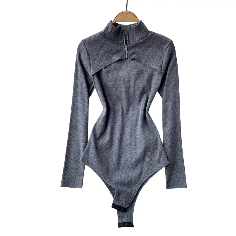 bodysuit nữ  Áo Liền Quần Cỡ Lớn Cho Nữ, Áo Liền Quần Cổ Lọ Rỗng, Có Khóa Kéo, Eo, Dài Tay, Nĩa Cao, Máy Trái Tim Châu Âu Và Mỹ, 150.00Kg