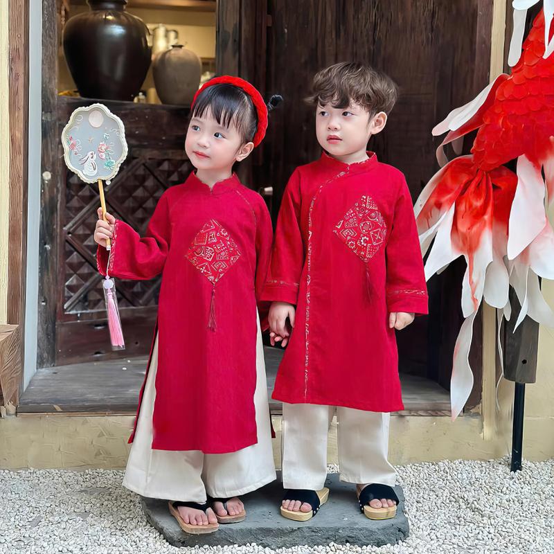 Áo Dài Cách Tân Cho Bé Trai- Bé Gái Thêu Nổi Mặc Tết Đi Chơi Chụp Ảnh Chỉ vừa bé dưới 1m2 - AD1