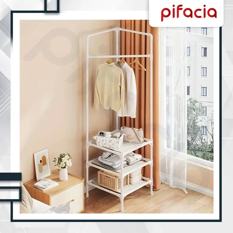 PIFACIA Rak Baju Sudut Gantung Stand Hanger Portable Lemari Perkakas Pakaian Topi Tas Penyimpanan Serbaguna 1