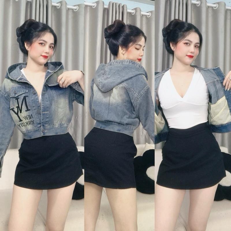  Áo khoác jean nữ CÓ NÓN dáng Croptop THÊU CHỮ có túi trong  Jacket Women Top  Jackets & Coats Nút áo  khoác bò Nhung 