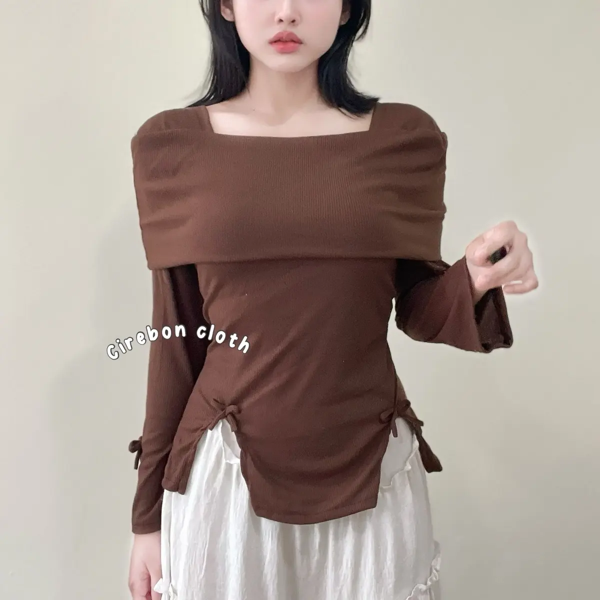 KIYANA Cirebon Cloth - Sylvie Top Off Shoulder / Sabrina Knit Top / Atasan Wanita Lengan Panjang Pita Coquette / Korean Top Long Sleeve Baju Knitwear Casual Cardigan Crop