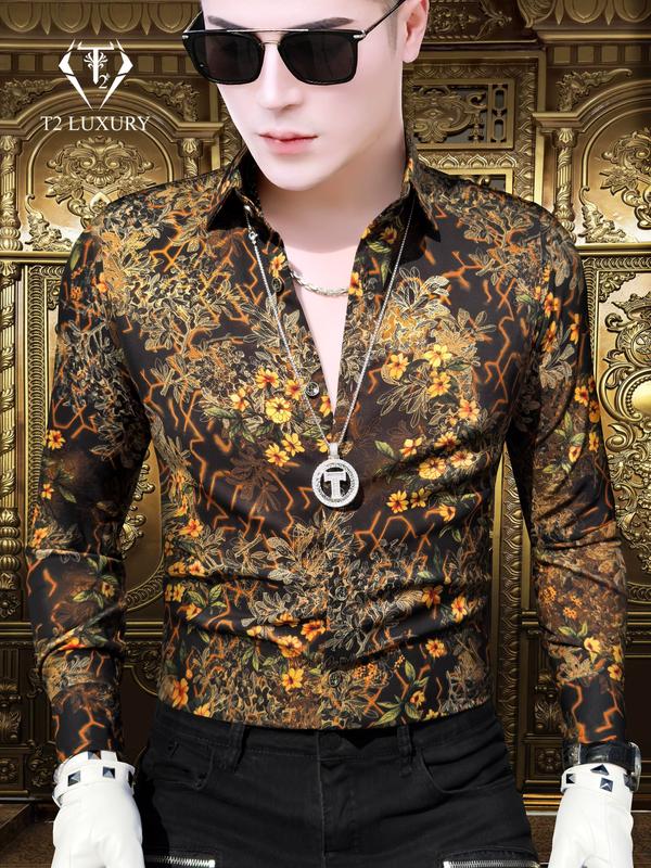 Áo sơ mi nam họa tiết hoa vàng nền đen phom ôm body sang trọng 2 màu Menswear Có Cổ Shirt
