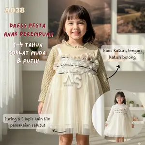 [SALE-BISA COD] Dress Anak perempuan import PUTIH COKLAT MUDA 1-4 Tahun - Gaun Lengan Katbol Halus - A038