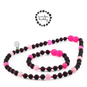 Amber Buddy | LE548 Kalung dan Gelang bayi Baltic Amber kombinasi pink frost agate. 32cm & 14cm