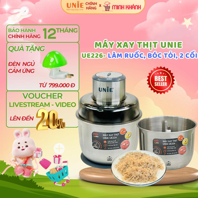Máy xay thịt Unie UE226 - 2 Cối inox 2,5L, Bóc tỏi, Làm Ruốc, 4 lưỡi dao sắc bén