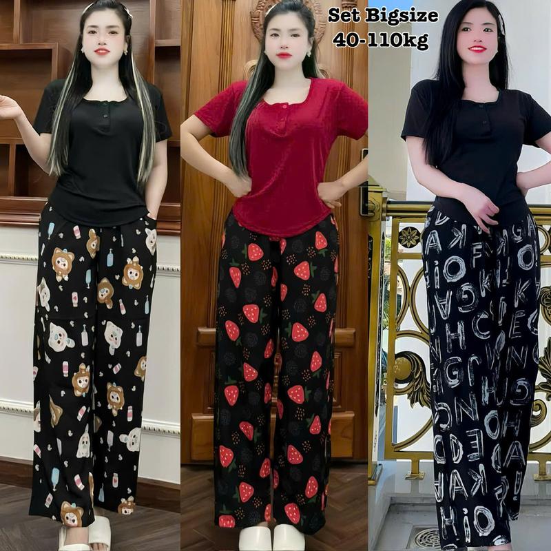 [Ưu Đãi Độc Quyền TTS] - Set Bộ Dài Bigsize Nữ Áo Thun Cổ Tròn Khóa Nút Phối Quần Dài Đũi Sọc Mịn Mát Dễ Thương Cao Cấp Xinh Đẹp Sang Trọng  50-95kg Áo Top Cotton Màu Nâu Sen Màu Đen Set Đồ Nữ đẹp Set Áo  Bộ Suit Nữ Sang Chảnh Bigsize Women Tr - 2253