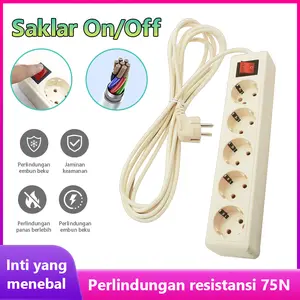 Feelweli Stop Kontak Kabel 2/3/4/5 Lubang Panjang 1.5M 3M 5M Tembaga Multifungsi Tahan Api Perlindungan Insulasi Saklar On/Off Perlindungan Embun Beku Jaminan Keamanan