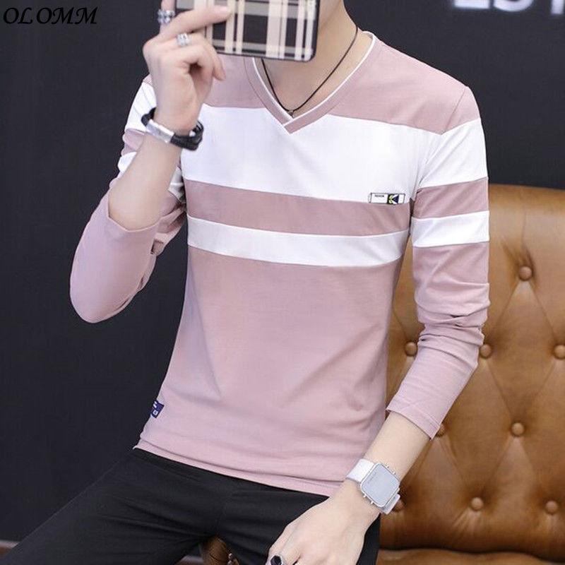 áo Thun Nam, Hàng Mới Về Mùa Thu, Chất Liệu Cotton, Dài Tay, Sọc, Cổ Chữ V, Phong Cách Hàn Quốc, Áo Nam Lớn 1