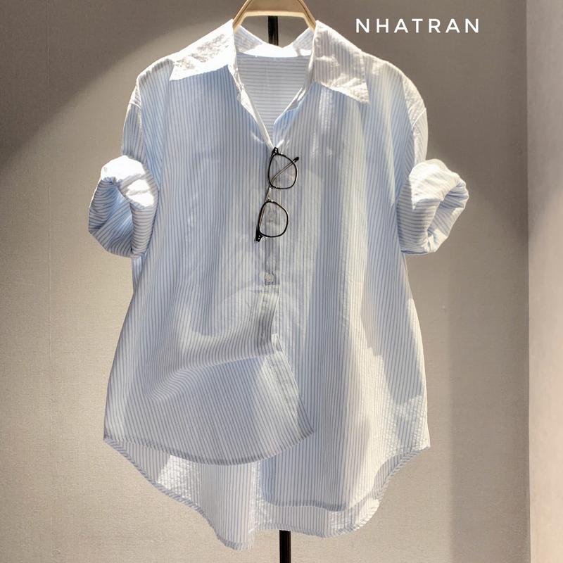 PHOM DÀI RỘNG - Áo sơ mi nữ cổ bẻ tay dài sọc kẻ phom rộng chất thô cotton Top Women Pastel SM KẺ BIỂN NHÍ