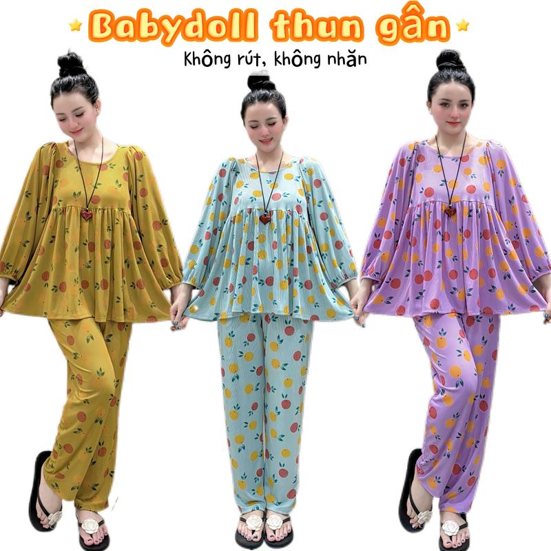 bộ đồ babydoll thun gân mặc nhà dễ thương bầu có thể mặc họa tiết đơn giản có đường may sau lưng