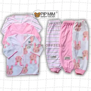 3 Pcs Baju Bayi Lengan Panjang + 3 Pcs Celana Panjang Bayi NewBorn Motif Bunny Pink Pip Mim