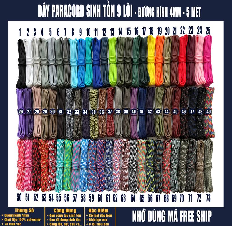 Dây dù paracord 9 lõi 4mm tròn - 5 mét