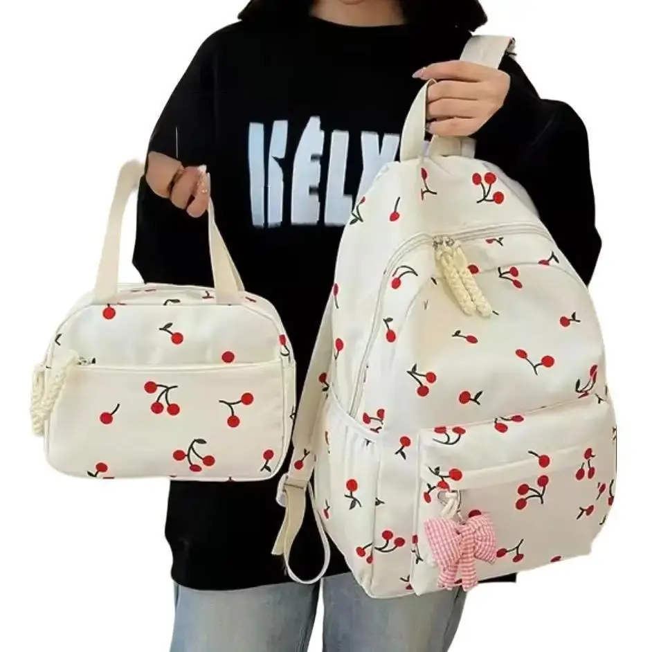 Tas Ransel Wanita Motif Cerry Gaya Korea, Ringan, Sederhana, Tas Sekolah Pelajar Wanita, Set Tas Dua Potong Free Boneka Gantungan