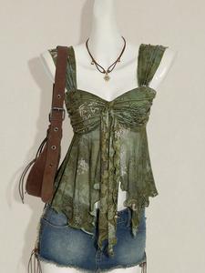 Top cami de malla floral Y2K con volantes, escote corazón y bajo asimétrico, top semitransparente, estética bohemia fairy grunge, moda femenina
